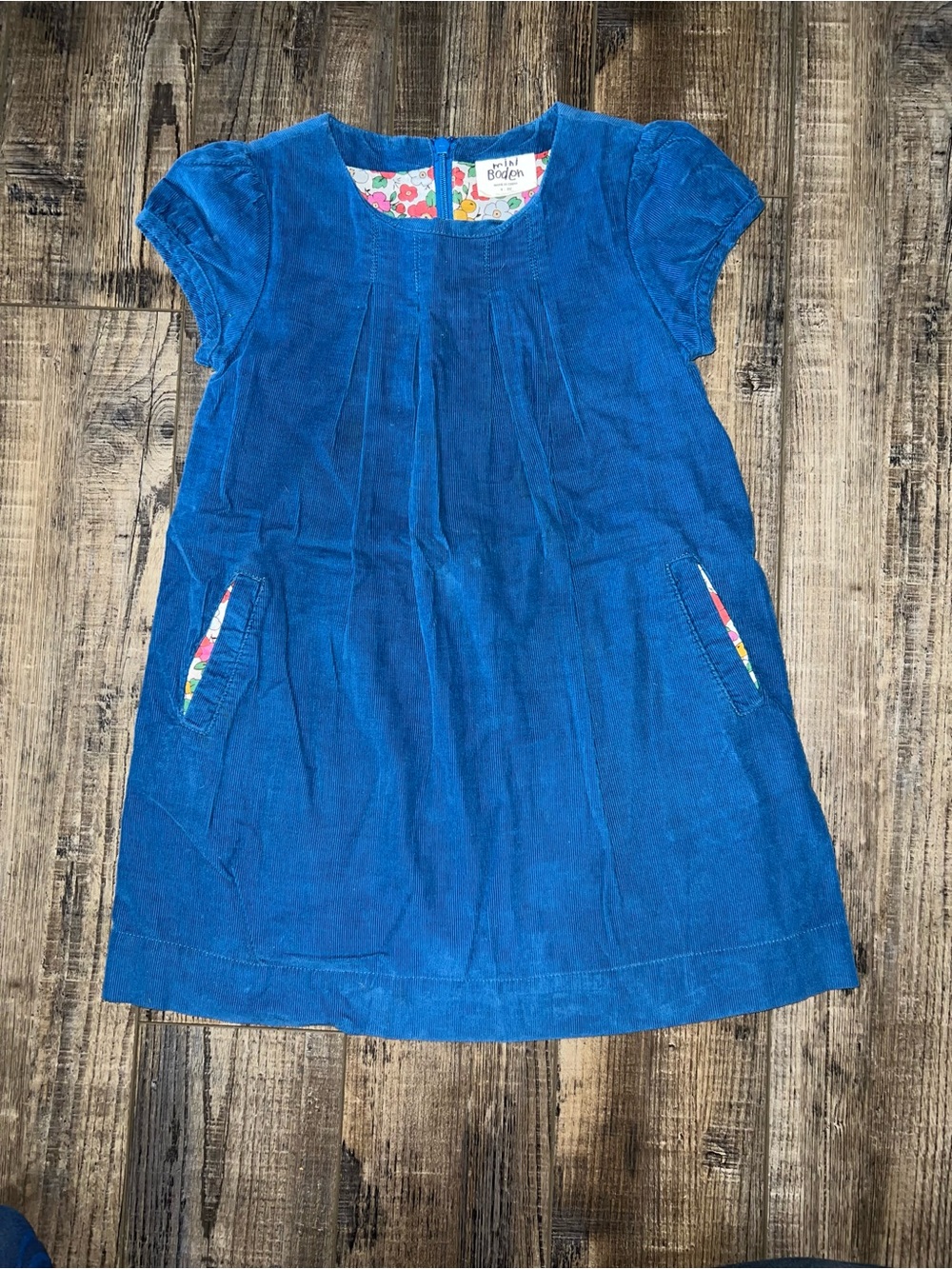 Mini Boden Bright Blue Corduroy Dress with Floral Pocket Accents